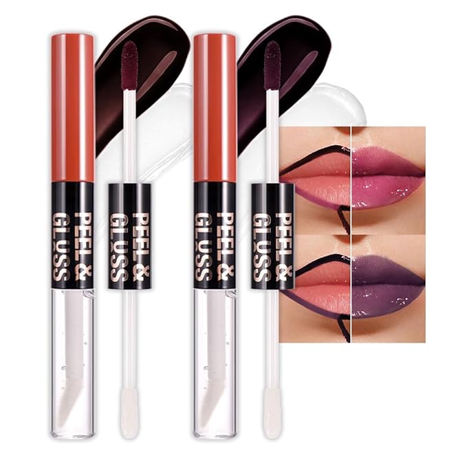 JUAAZIN 2Pcs Lip Stain Peel Off Lip Gloss oil Dual-Ended Combo, Lips Liner Stain Peel Off Masque, Long Lasting & Waterproof, Transfer-Proof Lip Tint Stain with Lip oil for All Skin Type 05#+08#