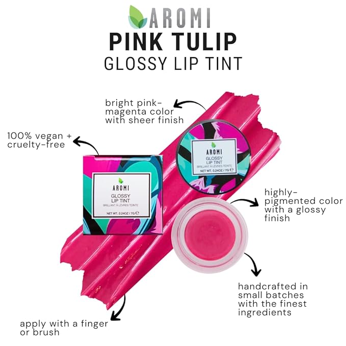 Aromi Glossy Lip Tint in Pot – Hydrating Lip Gloss Color, Sheer, Bright Pink Magenta Shade, Vegan & Cruelty-free, Moisturizing, Non-Sticky Formula (Pink Tulip)