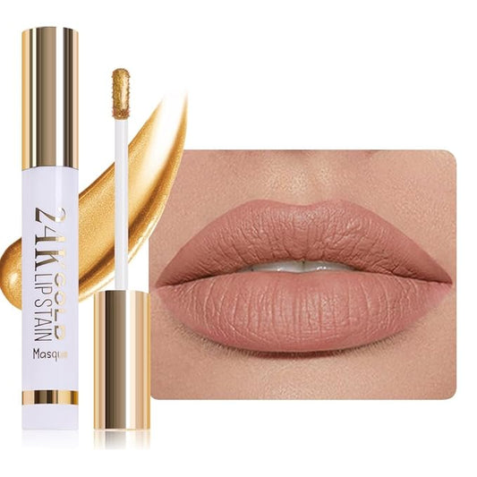 JUAAZIN All Day Lip Stain Peel Off Gold Liquid Lip Gloss Tattoo, Light Brown Matte Finish Peel Off Lip Stain Masque, Long Lasting Waterproof Lip Tint, Transfer-proof for All Skin Types 01#