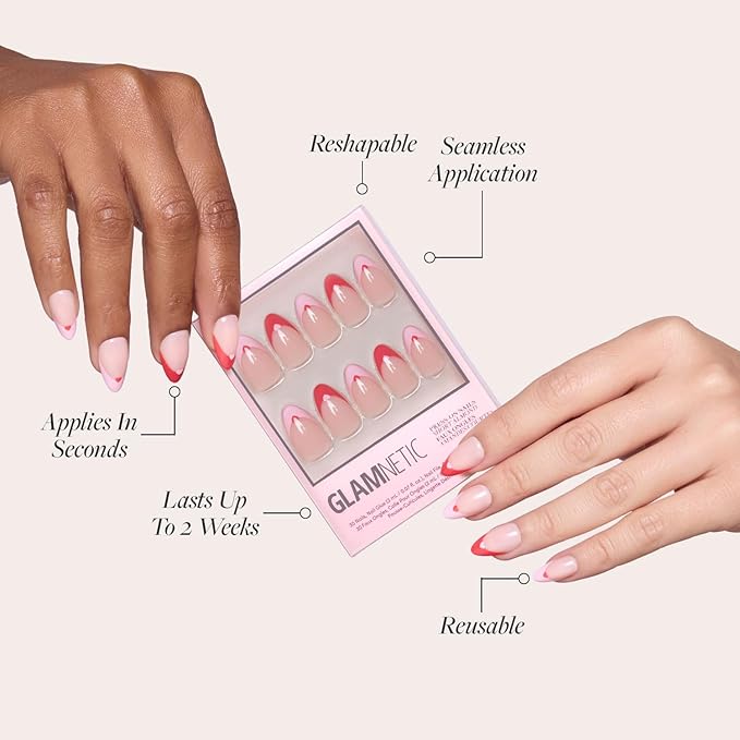 Glamnetic Press On Nails - Pure Hearted | Glossy, Semi-Transparent Short Almond Nails with Heart Accents, Salon Quality Valentine’s Nails | 15 Sizes - 30 Nail Kit with Glue