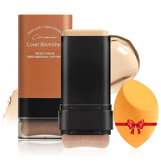 Full Coverage Foundation Stick with Contour Brush, Water Resistant & Lightweight Foundation Makeup with Beauty Sponge, Buildable Concealer Stick for Multiple Skin Tones, Daily Natural Matte Finish