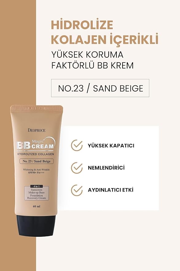 Deoproce Magic BB Cream SPF50+ PA+++ | 4-in-1 Foundation, Makeup Base, Sunscreen & Recovery Cream | Glossy finish Lightweight, #23 SPF50+ PA+++ | 60ml (#23. Sand Beige, 60 ML)