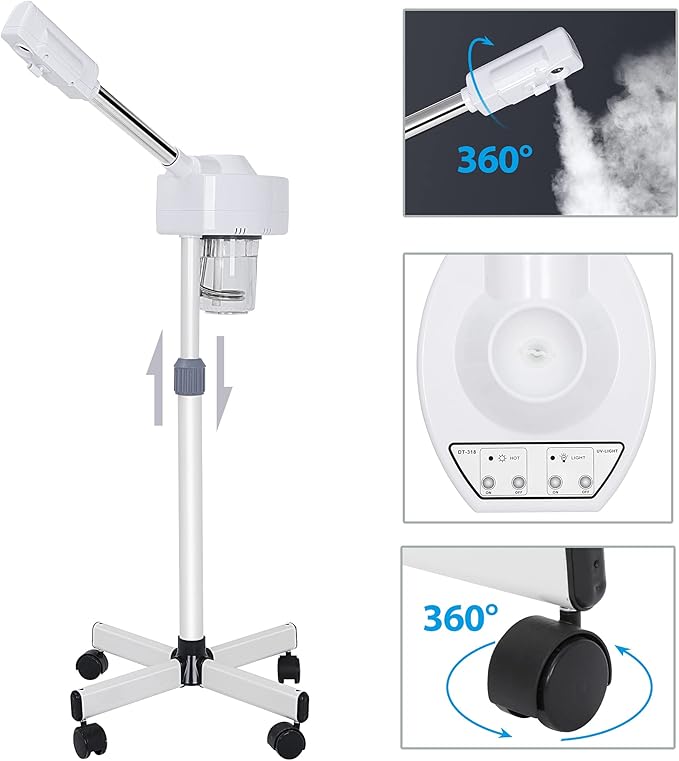 Professional Facial Steamer for Face Professional Deep Cleansing with Hot Mist Function Stand on Wheel, High Frequency for Home Spa Salon Beauty Skin Care, White