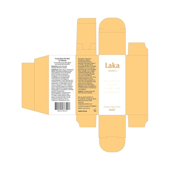Laka Fruity Glam Lip Tint Mini, 1.9g/0.07oz, Glowing Lip Stain with Wide Color Spectrum, Hydrating & Lightweight Texture, Long-Lasting Bold Stain, Non-Sticky, Vegan, K-Beauty (#111 Mellow)