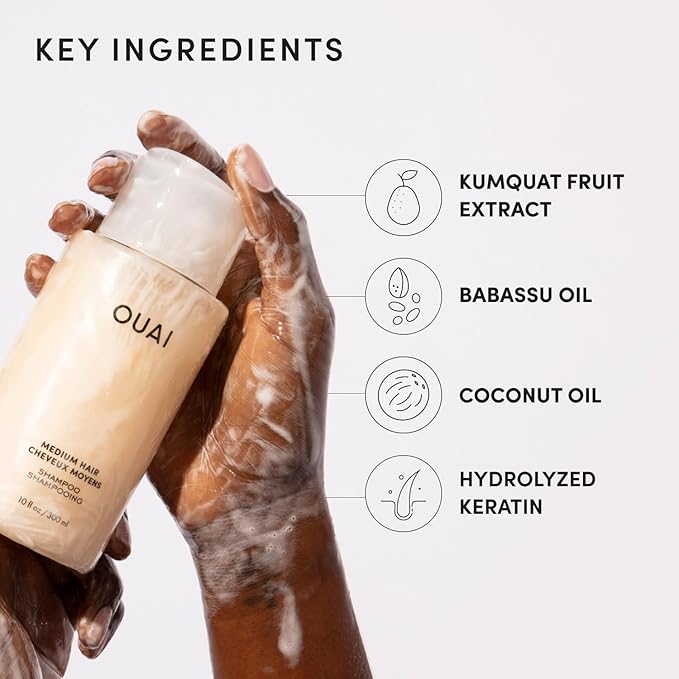 OUAI Medium Shampoo - Hydrating Shampoo with Coconut Oil, Babassu, Kumquat Extract and Keratin - Strengthens, Nourishes and Adds Shine - Paraben, Phthalate and Sulfate Free Hair Care Products (10 Oz)