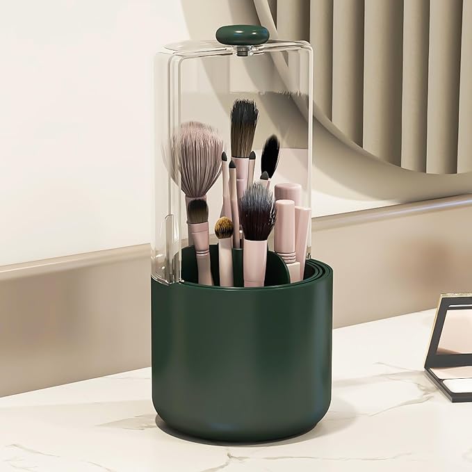 Zufudo Makeup Brush Holder with Dustproof Cover, Clear 360 Rotating Make Up Brushes Organizer for Counter Vanity Bathroom, Olive Green