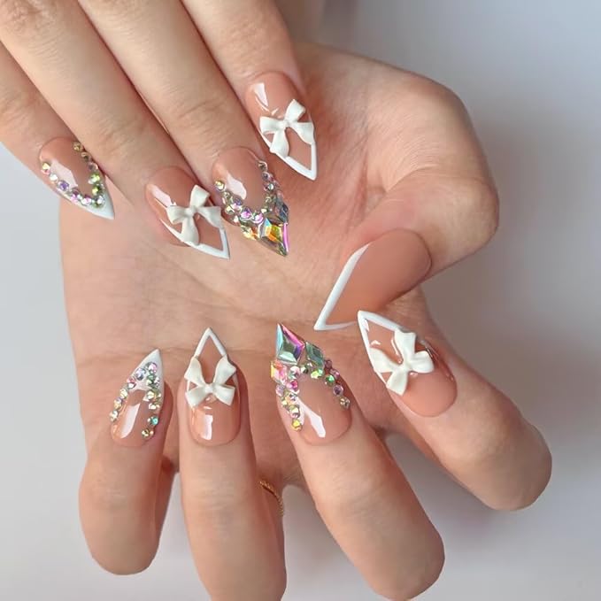 MAGLFELL Press on Nails Handmade Medium Length Almond Fake Nails, 3D French Salon Bow Design False Nails, 10 Pcs Reusable ABS Material Nail Tip Artificial Nails for Women (Size S)