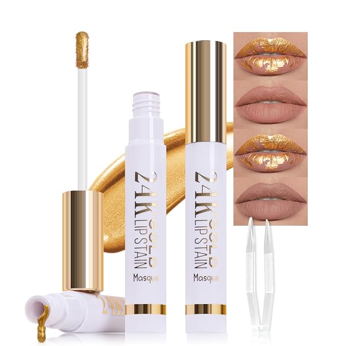 JUAAZIN 2Pcs 2025 New 24K Gold Liquid Lip Gloss Peel Off Lip Stain Tattoo with Tweezer, Lips Stain Peel Off Masque, Long Lasting Waterproof Lip Tint Stain, Transfer-proof for All Skin Types 01#+02#