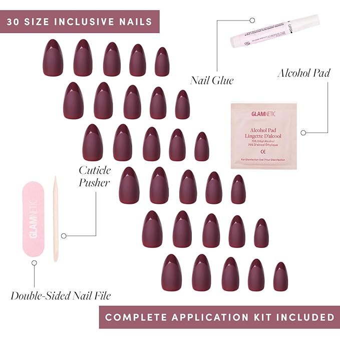 Glamnetic Press On Nails - Merlot | Matte Short Almond Dark Red Nails with Glossy French Tips | 15 Sizes - 30 Nail Kit with Glue