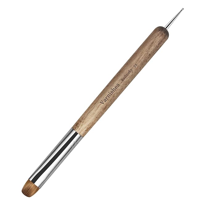 varnishea Kolinsky French Tip Nail Art Brush Solid Wood Handle Gel Acrylic Nail Dotting Tool for Manicure Clean Up and Dotting Manicure Tool Professional Nail Brush - Size 16, 1.0 Count
