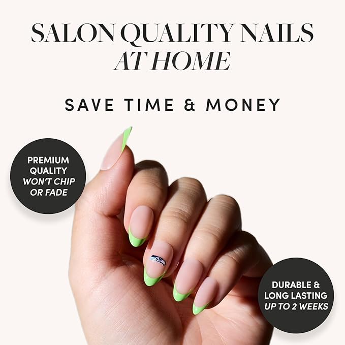 Glamnetic x Fanatics Press On Nails - Seattle Seahawks | Short Almond Fake Nails, NFL Seahawks Green French Tips, Football Nails, Salon-Quality | 15 Sizes - 30 Nail Kit with Glue