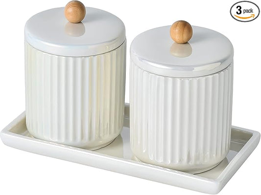 Redelaenor Ceramic Bathroom Canister Set with Coordinating Small Vanity Tray Qtip Holder Dispenser for Cotton Ball,Swab,Pads, Floss, Bathroom Storage Jars with Lids Pearl White