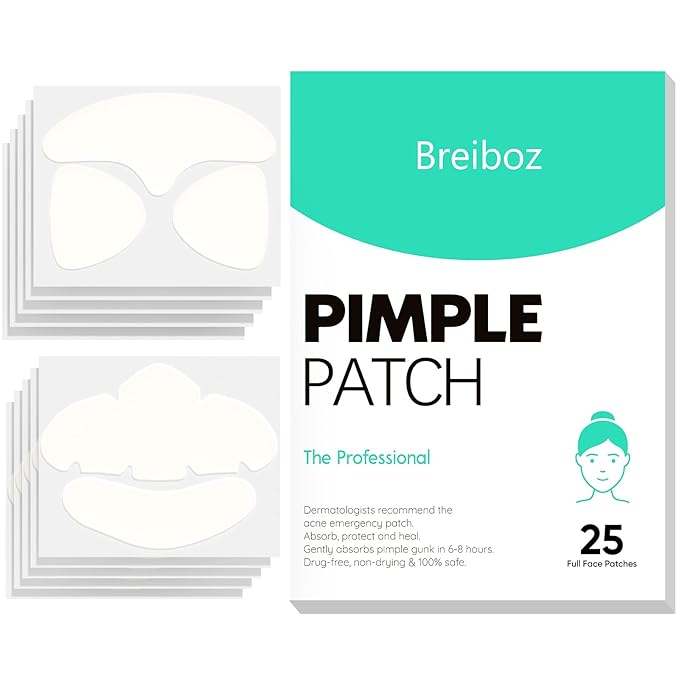 Breiboz Full Face Pimple Patches(5 Pack),Big Hydrocolloid Acne Patches,Skin Care Zit Patches for Whole Face,Nose, Chin, Forehead & Cheeks w/Tea Tree Oil, Salicylic Acid & Cica Oil（5 Pack,25 Patches）