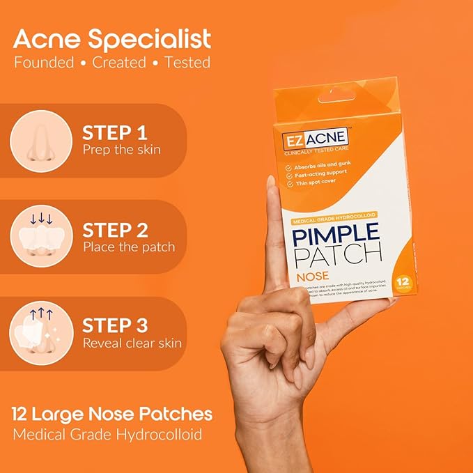 EZACNE™ Pimple Patches for Nose – Hydrocolloid Nose Pimple Patches for Zits, Blemishes & Excess Oil – Overnight Pore & Whitehead Nose Strips (12 Count)
