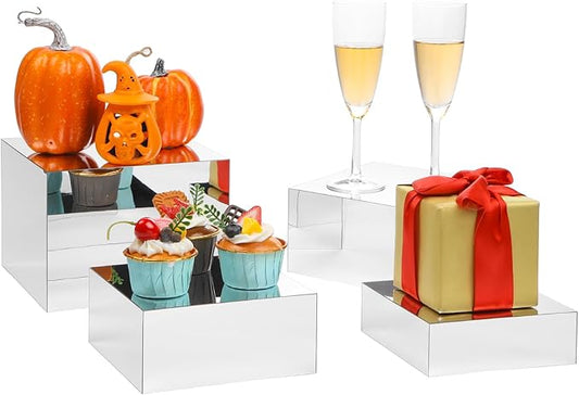 Silver Display Stands, 4 Pack Acrylic Risers Display Stand-2" 3" 4" 6", Handmade Mirror Box Display, Buffet Risers, Food Stands, Purse Jewelry Figures Product Display Riser for Retail Vendor