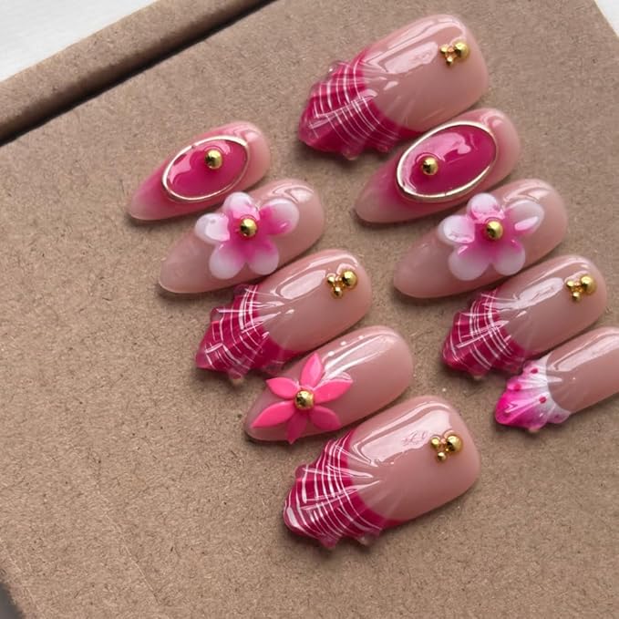 MAGLFELL Press On Nails Medium Almond Shape False Nails, Handmade Acrylic Gel Fake Nails with Art Designs, Reusable 10 Pcs 3D Nails for Women DIY Manicure Kit