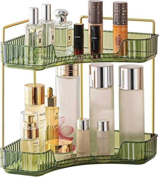 Corner Bathroom Counter Organizer, Vanity Tray for Skincare Makeup, 2-Tier Counter Shelf (Green)