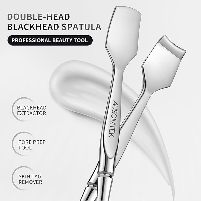 AUSOMTEK Blackhead Remover Tool, Pore Cleaner & Comedone Extractor Face Spatula, Professional Stainless Steel Whitehead & Pimple Extractor Tool for Facial Skin Care with Cyan PU Case