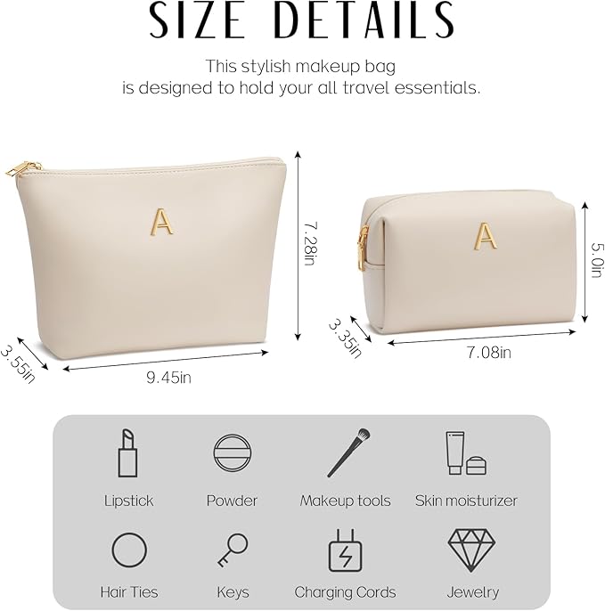 Women Gifts | Initial Makeup Bag Set for Girl Personalized Gifts for Bridesmaid Friend Graduation Teachers PU Leather Cosmetic Travel Toiletry Bag(Beige,A)