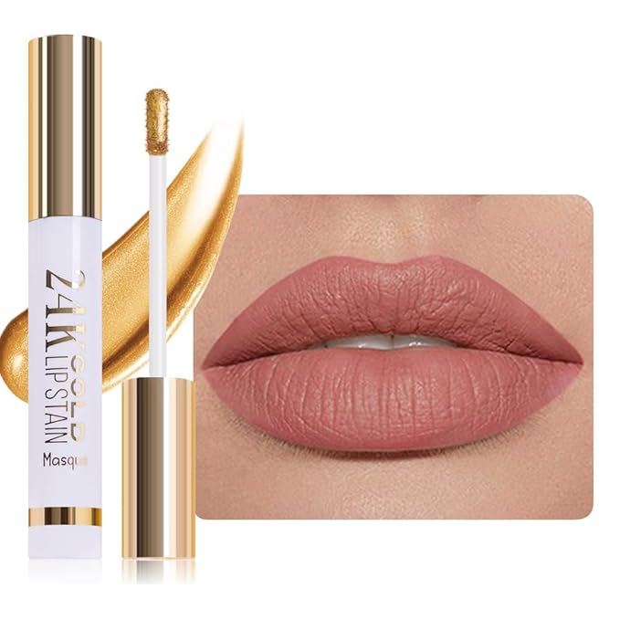 JUAAZIN All Day Lip Stain Peel Off Gold Liquid Lip Gloss Tattoo, Ruby Red Matte Finish Peel Off Lip Stain Masque, Long Lasting Waterproof Lip Tint, Transfer-proof for All Skin Types 03#