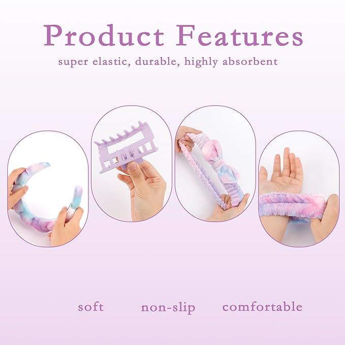 Canitor Spa Headbands Wrist Band Set with Hair Clip Skincare Headbands for Washing Face Non Slip Puffy Makeup Headband Wrist Towel Preppy Cute Teen Girl Birthday Gifts Trendy Stuff