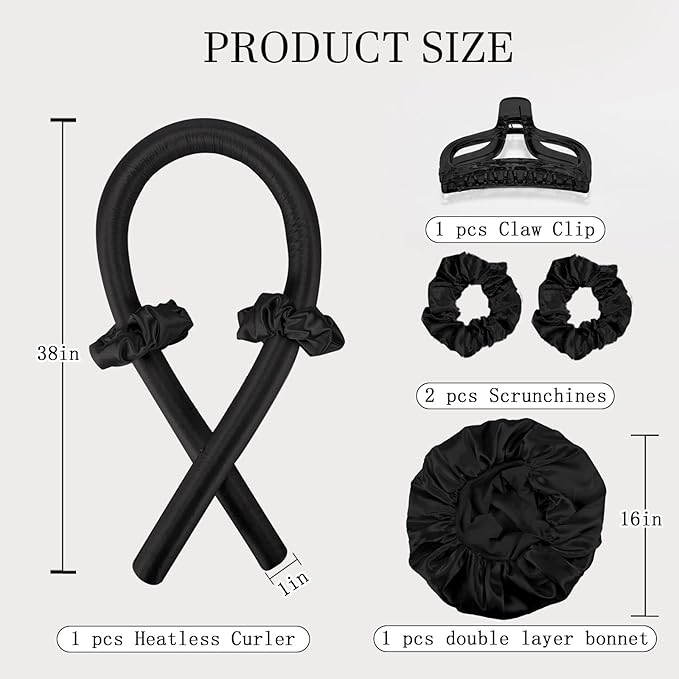 Hroevc No Heat Overnight Curls with Double Layer Satin Bonnet - Soft Hair Curlers to Sleep In, heatless Curling Rods Set + Silk Bonnet for Women & Girls Long Hair, Heatless Waves & Volume (Black)