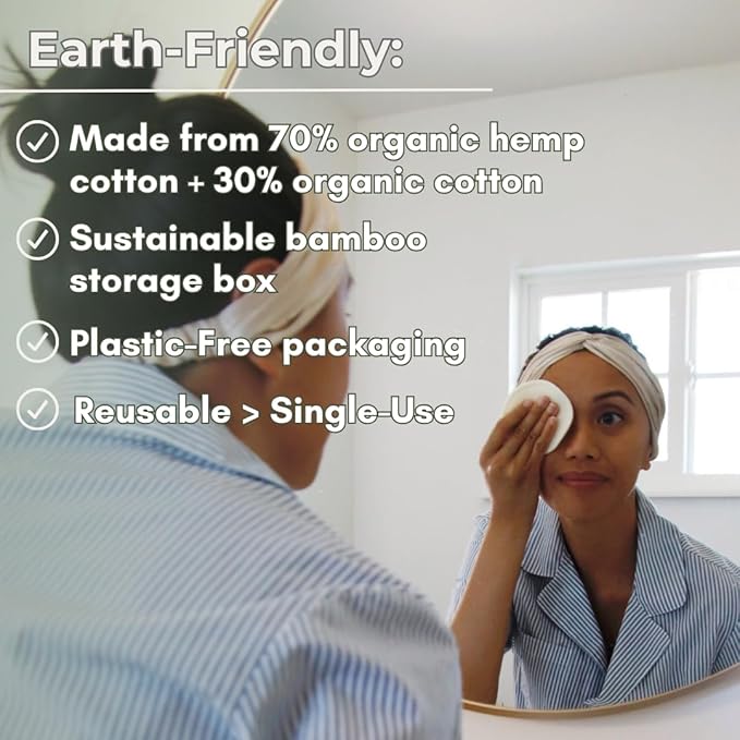 Reusable Hemp Cotton Rounds 15-Pack with Bamboo Storage Box – Ultra-Soft Organic Face Pads for Makeup Removal, Skincare Accessories, and Eco-Friendly Beauty Essentials