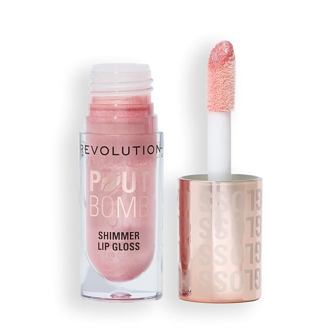 Revolution, Pout Bomb Shimmer Gloss, High-Shine Lip Gloss & Shimmer for Glossy Lips with Hyaluronic Acid & Sweet Vanilla Scent, Shine Pink, 0.15 oz