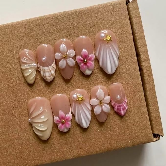 MAGLFELL Press On Nails - 3D Almond Handmade Unique French Fake Nails, Thick Acrylic and Muti-Layer Gel False Nails, Reusable Gel Cured Sturdier Fake Nails (Size S)
