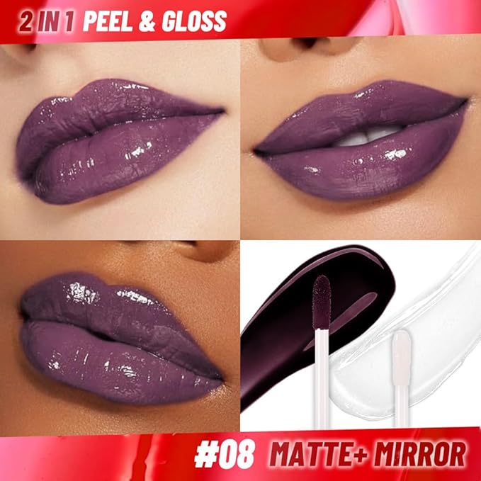 JUAAZIN Lip Stain Peel Off Lip Gloss oil Dual-Ended Combo, Deep Berry Lips Liner Stain Peel Off Tattoo, Long Lasting & Waterproof, Transfer-Proof Lip Tint Stain with Lip oil for All Skin Type 08#