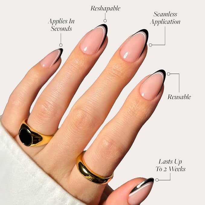 Glamnetic x GLAMZILLA Press On Nails - NO IN BETWEEN | Short Almond Fake Nails, Black & White Micro French Tips, Salon Quality, Everyday | 15 Sizes - 30 Nail Kit with Glue