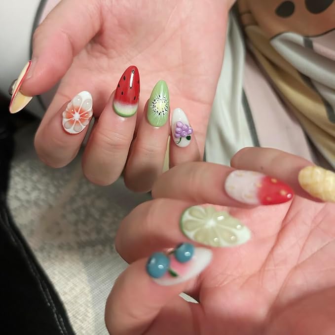 MAGLFELL Press On Nails - Medium Length Almond Handmade Unique Fake Nails, Artistic Design, Thick Acrylic and Muti-Layer Gel False Nails (Size S)