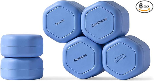 Cadence Travel Containers - 6 Piece Haircare Set - Magnetic Travel Capsules - 2 Small & 4 Medium Capsules - Shampoo, Conditioner, Leave-In Conditioner, Comb, Hair Serum, Hair Gel Labels - Pacific