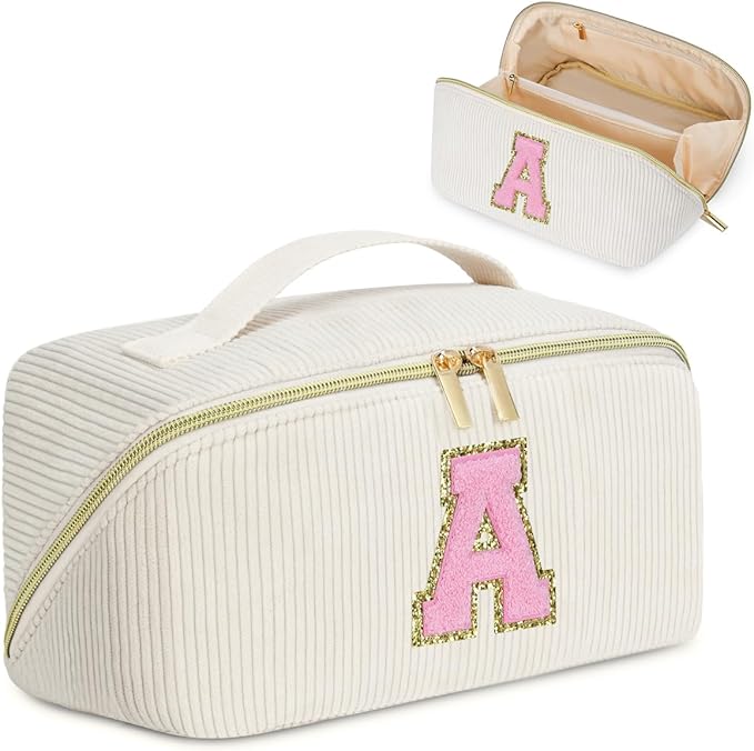 Personalized Initial Makeup Bag, Valentine's Day Gifts for Girls,Preppy Bag Cosmetic Travel Bag Women,Travel Toiletry Organizer,Large Capacity Corduroy Stuff Bag,Cute Cosmetic Pouch Skincare Bag