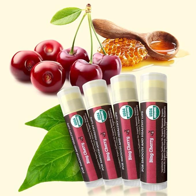 Earth's Daughter USDA Organic Cherry Lip Balm 4-Pack- Cherry Flavor - Beeswax, Coconut Oil, Vitamin E - Best Lip Repair Chapstick for Dry Cracked Lips.