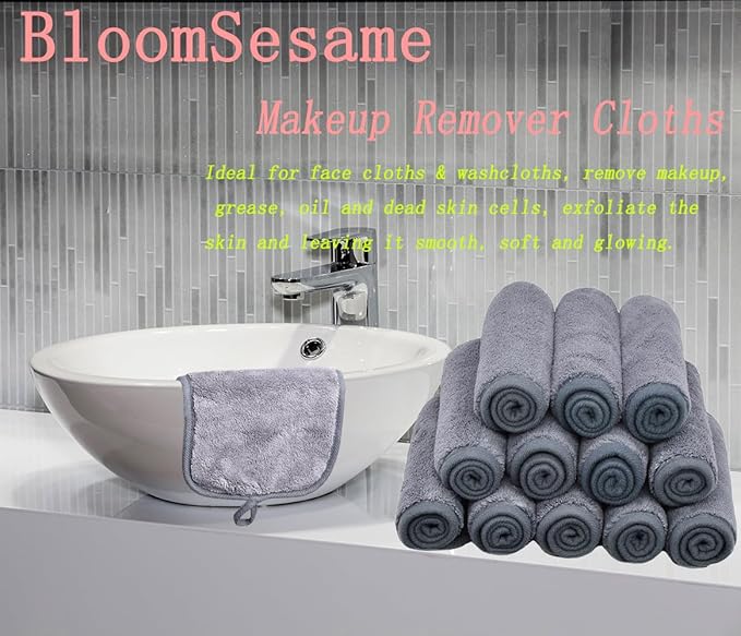 BloomSesame Makeup Remover Cloths for Face, Eye, Lips - Reusable Makeup Remover Pads Soft Microfiber Facial Cleansing Cloths 8 x 8 inch 6 Pack (Gray)