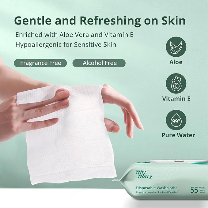 WhyWorry Wet Wipes for Adults, 8"x12" Extra Large Body Cleansing Wipes for Elderly & Incontinence, Extra Thick Adult Washcloths Disposable with Aloe & Vitamin E, Unscented, 220 Count (4 Packs of 55)