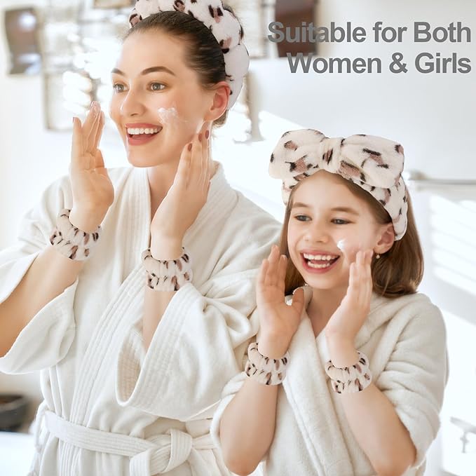 Canitor Spa Headband Wrist Bands with Hair Clips Leopard Print Makeup Skincare for Washing Face Skin Care Preppy Teen Girl Gifts Cute Trendy Stuff Hair Accessories for Women