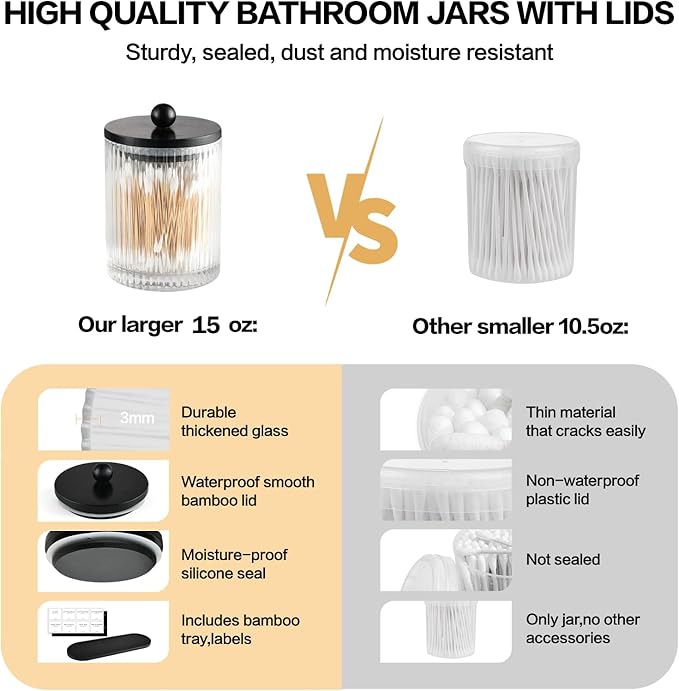 NEECZS 3 Pack Qtip Holder Bathroom Set,Cotton Pad Ball Swab Holder Cotton Round Floss Pick Dispenser with Tray,Glass Apothecary Jars with Black Lids,Bathroom Organizers and Storage Canisters