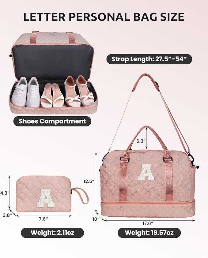 Preteen Gifts, Travel Bags for Girls, Initial Duffle Bag with Shoe Compartment, Kids Weekender Bag with Shoulder Strap, Overnight Bag for Women,Travel Bag with Makeup Bag (Letter E)