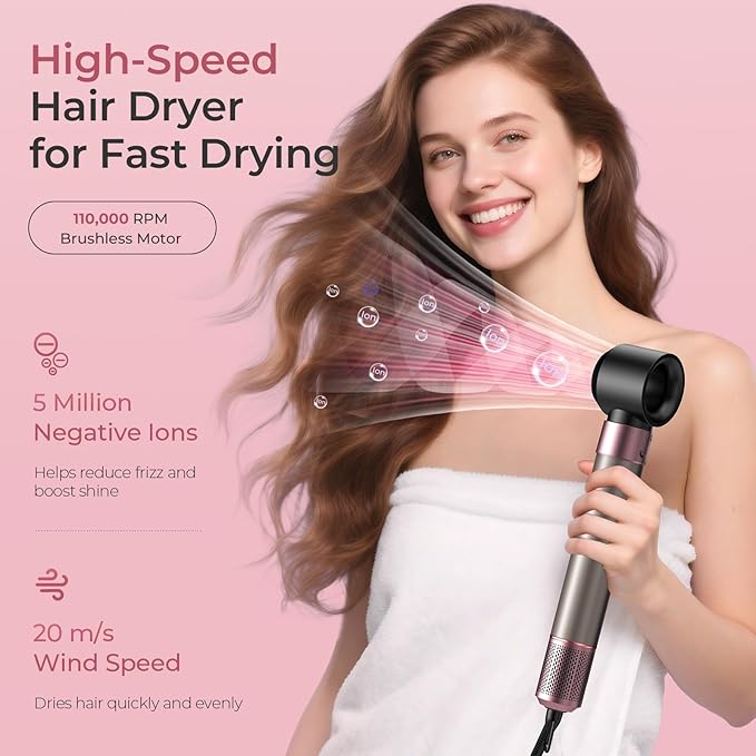 Vincofy 7-in-1 Hair Dryer Brush Blow Dryer, Hot Air Brush Styler with Travel Bag– Fast Drying, Curling, Straightening & Volumizing – 1500W High-Speed Motor 110,000 RPM – All Hair Types – Pink