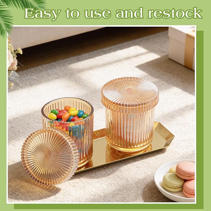 Yiyiring 2 Pack Glass Cotton Swab Holder with Lids and 1 Pack Stainless Steel Trays and Labels Glass Swab Dispenser Cotton Ball Holder Apothecary Jars Floss Pick Containers Bathroom Organizers(Amber)