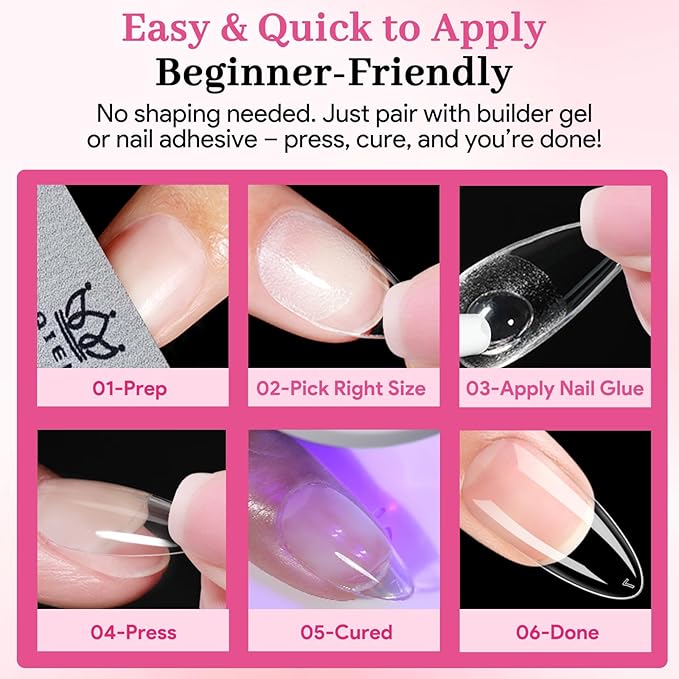 Qiek Medium Almond Fake Nail Tips, 15 Sizes 240 PCS Clear Half Matte Press On False Nail Tips Pre-shaped Full Cover Gel Nail Acrylic Soft Tips Extensions Thick Long Lasting for Home DIY Nail Salon
