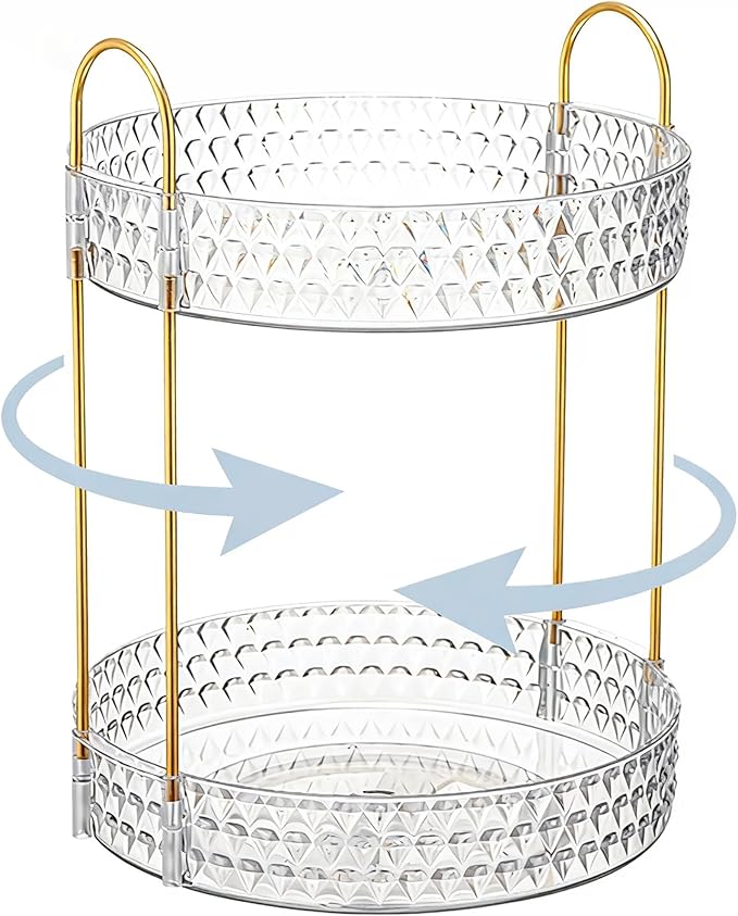 Gold Rotating Makeup Organizer for Vanity, 2-Tier Large Capacity Perfume & Skincare Organizer with Brush Holder, 360° Bathroom Countertop Organizer for Cosmetics, Jewelry & Hair Products