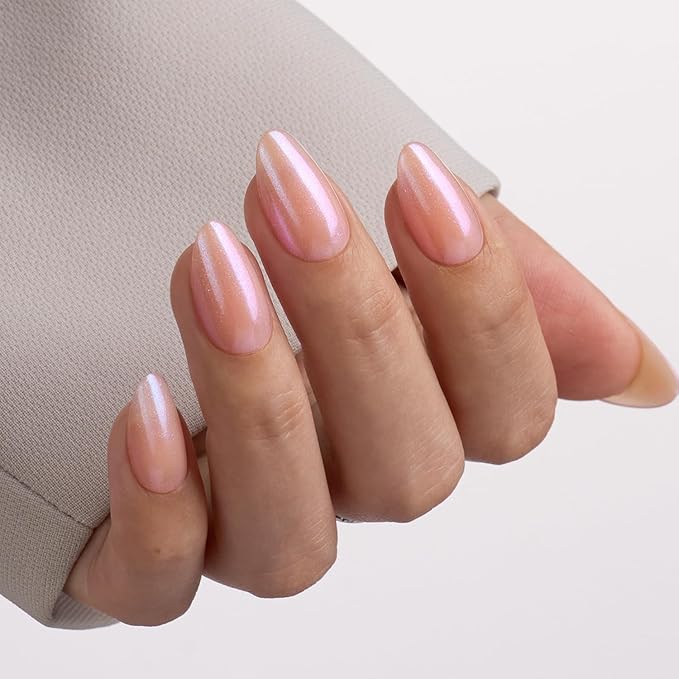 VSALON Press On Nails Short Almond, 32 Pcs 16 Sizes Nude Pink Shimmer Chrome Neutral Fake Nails With UV Cure Glue, Glossy Aurora Glazed Donut Reusable Stick On Nails False Nails Fall Gift For Women