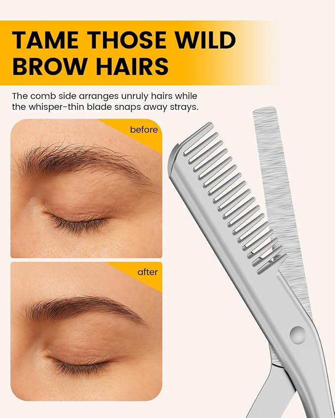 BEZOX Eyebrow Scissors with Comb - Stainless Steel Eyebrow Trimmer for Women and Men, Precision Eye Brow Comb Scissors, Sleek Eyebrows Grooming Kit - Silver