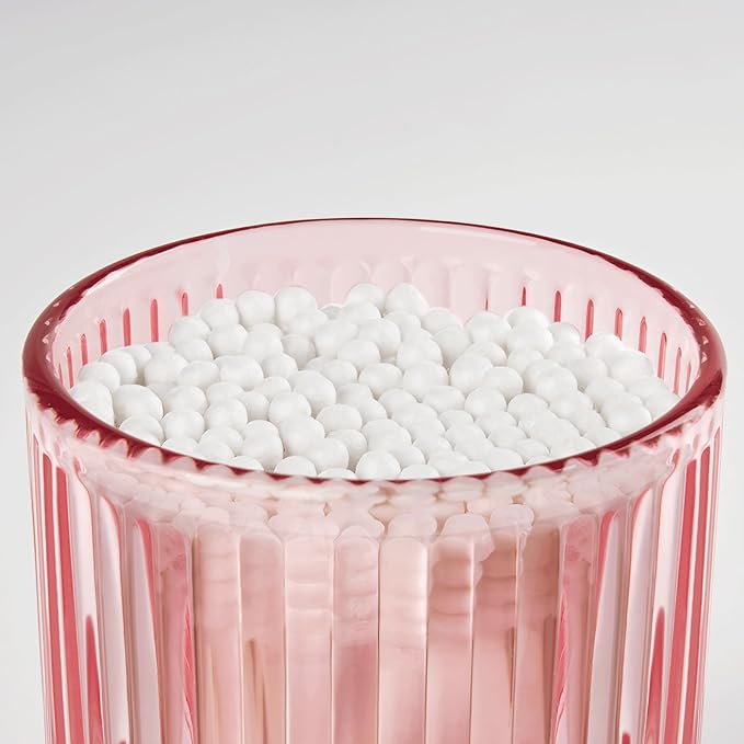 MKOSAB 2 Pack Qtip Holders for Bathroom, Clear Glass Apothecary Jars with Lids,Vintage Bathroom Canisters for Cotton Balls,Swabs,Floss Picks,Hair Ties,Vanity Organizer and Storage Decor (Pink)