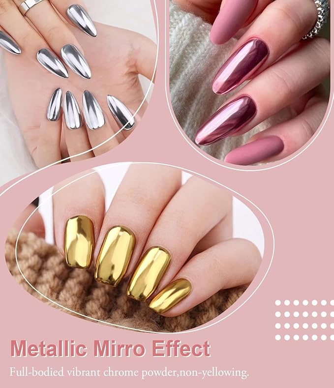 BISHENGYF Rose Gold Chrome Nail Powder: Metallic Mirror Powder Holographic Pigment Powder Silver Green Chrome Nail Powder for Nails Rose Gold Nail Chrome Powder for Nails Art DIY Decoration