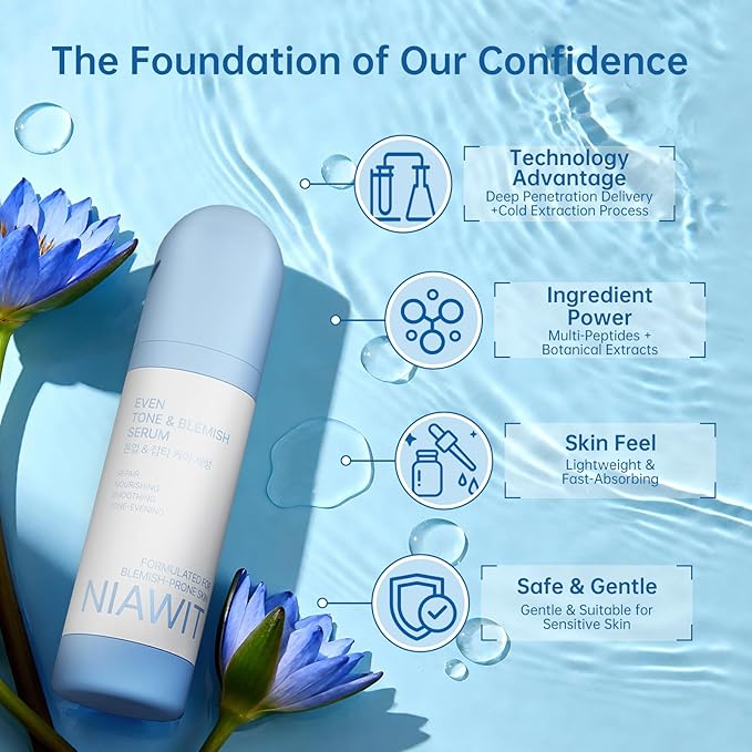 Even Tone & Blemish Serum - Skin Brightening & Repair Treatment for Face | Reduces Dark Spots & Acne Marks | Nourishing Smoothing Formula for All Skin Types, 1 fl.oz/30ml