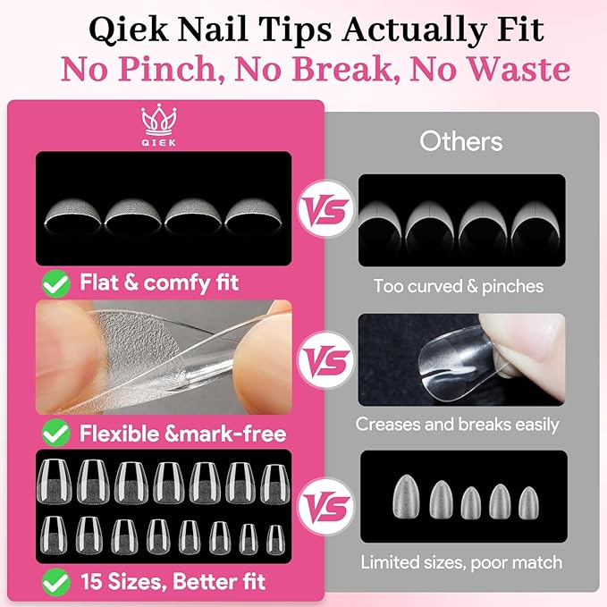 Qiek Extra Short Coffin Fake Nail Tips, 15 Sizes 240 PCS Clear Half Matte Press On False Nail Pre-shaped Half Soft Cover Gel Nail Tips Extensions Thick Long Lasting for DIY Beginners & Salon Manicure